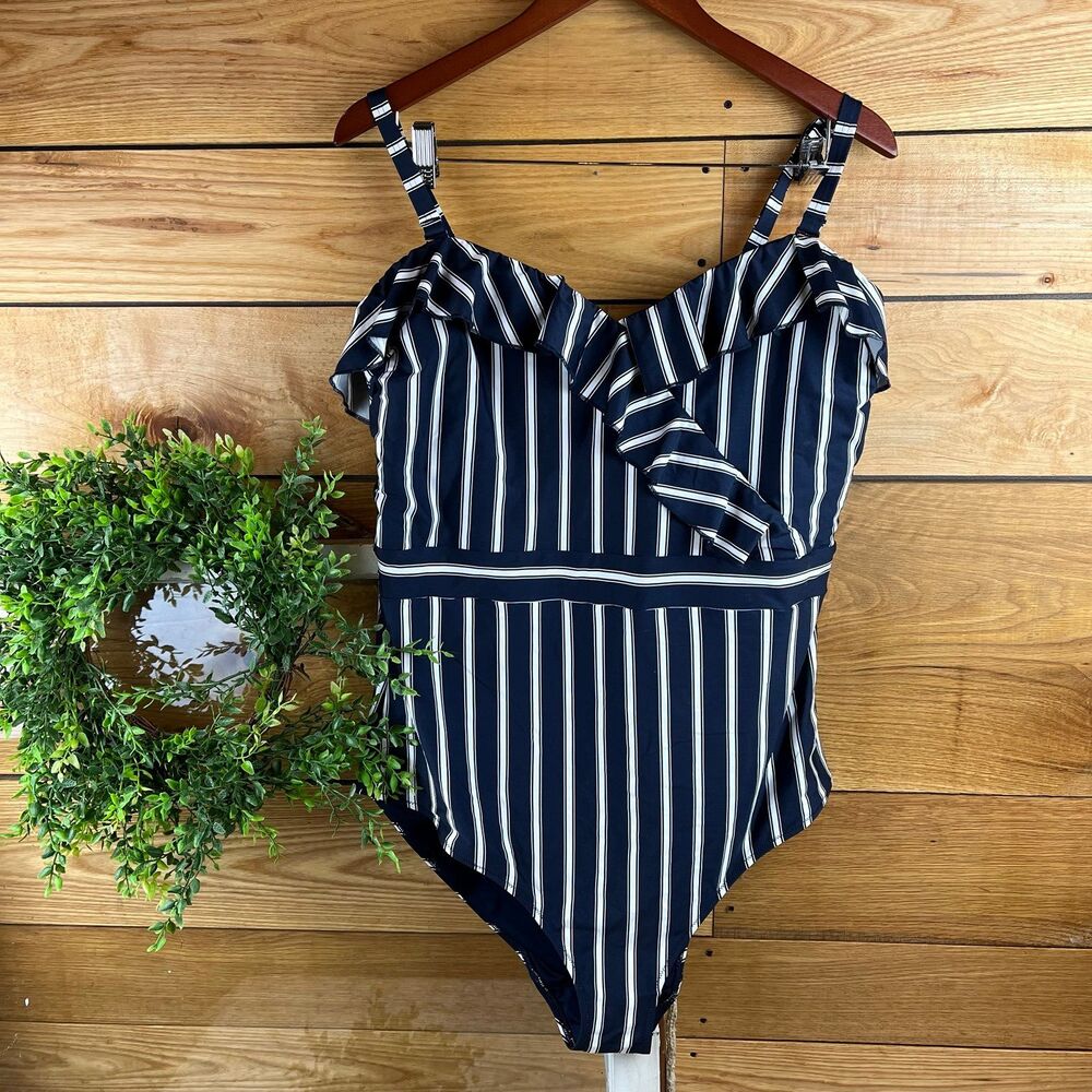 City Chic Plus Sz Swimsuit Navy White Ruffle Flattering sz 20